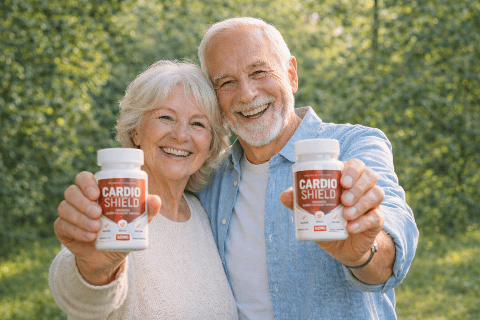 Happy couple holding Cardio Shield